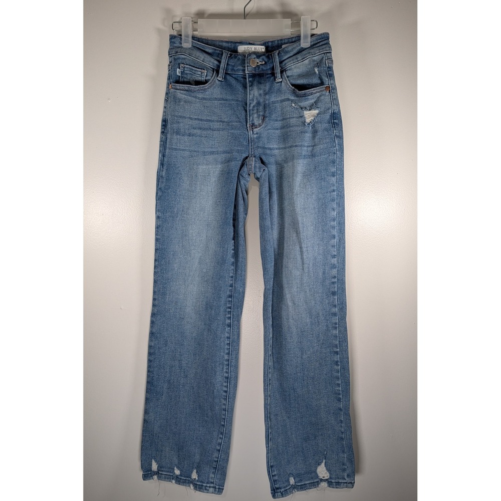 Judy Blue Straight Fit Distressed Raw Hem Jeans Medium Wash JB88656 MD Size 1/25